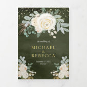 緑素朴金ゴールドアイボリーフローラサー結婚ズ 三つ折り招待状 (カバー)