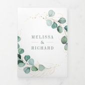 緑素朴金ゴールドユーカリQRコー結婚ド 三つ折り招待状 (カバー)