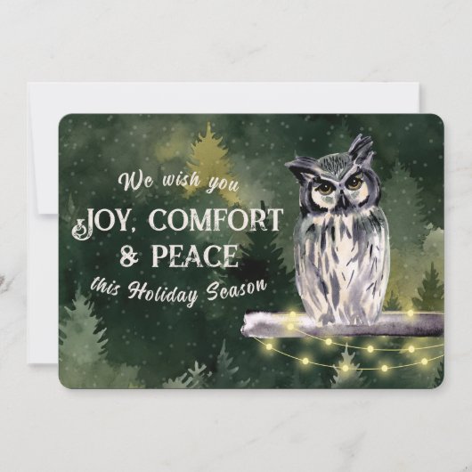 緑素朴雪フクロウのクリスマスファミリー写真 シーズンカード (正面)