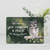 緑素朴雪フクロウのクリスマスファミリー写真 シーズンカード (スタンド正面)