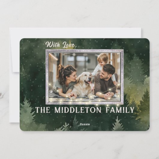 緑素朴雪フクロウのクリスマスファミリー写真 シーズンカード (裏面)