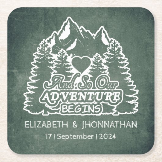 緑素朴黒板パインツリーマウンテン結婚ズ スクエアペーパーコースター (正面)
