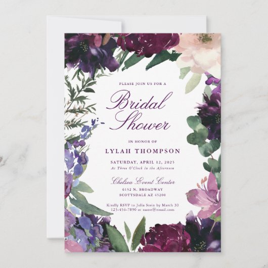緑紫色の花 |ロマンチックなブライダルシャワー 招待状 (正面)