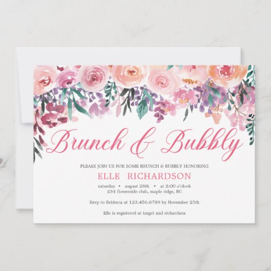 緑紫色の赤面ピンクのフローラブランチと泡立ち 招待状 (正面)