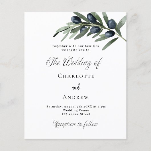 緑結婚のオリーブの葉の予算案 チラシ (正面)