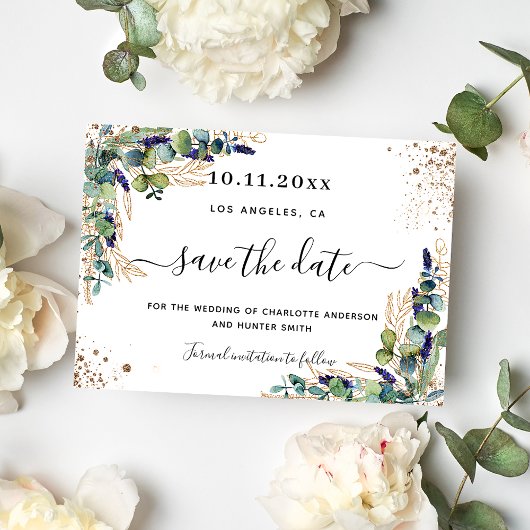 緑結婚のユーカリの金ゴールド白い葉 セーブザデート