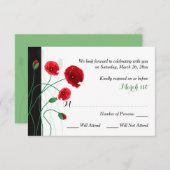 緑結婚式RSVPカード|赤のケシ|の黒 出欠カード (正面/裏面)