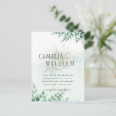 緑結婚金ゴールドのユーカリ葉QRコード ポストカード (スタンド正面)