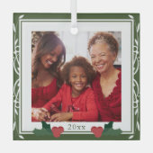 緑縁ど白ホリーファミリークリスマス ガラスオーナメント (正面)