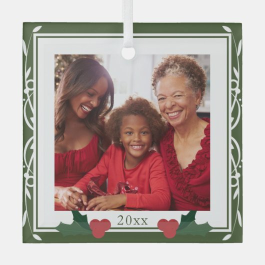 緑縁ど白ホリーファミリークリスマス ガラスオーナメント (正面)