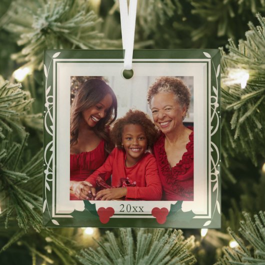 緑縁ど白ホリーファミリークリスマス ガラスオーナメント (インサイチュ)