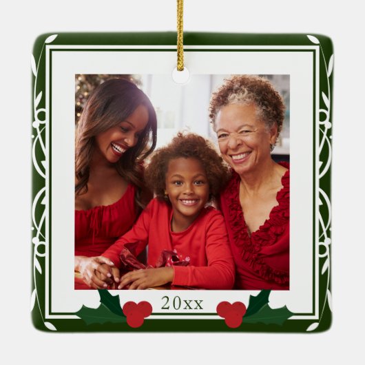 緑縁ど白ホリーファミリークリスマス セラミックオーナメント (裏面)