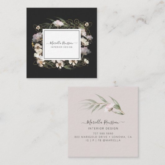 緑自然色フローラ金ゴールドグリッターブラック スクエア名刺 (正面/裏面)