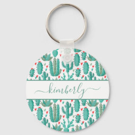 緑色お洒落白サボテンのモノグラム キーホルダー