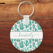 緑色お洒落白サボテンのモノグラム キーホルダー (正面)