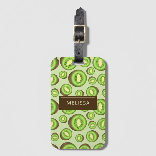緑色と茶色のキウイフルーツ柄と名前をカスタムする ラゲッジタグ (正面縦)