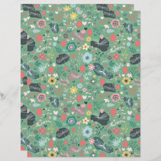 緑色にシームレスフラワーとトンボ模様 (正面/裏面)