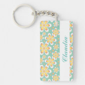 緑色に可愛いオレンジ色の花をモノグラム キーホルダー (正面)