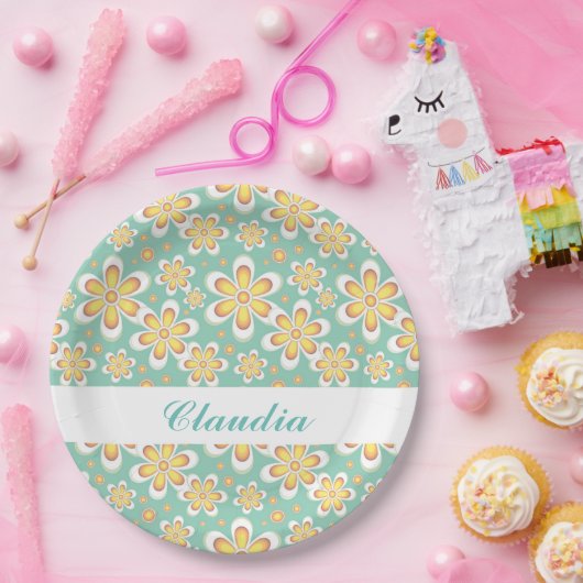 緑色に可愛いオレンジ色の花をモノグラム ペーパープレート (パーティー)