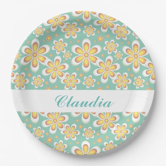 緑色に可愛いオレンジ色の花をモノグラム ペーパープレート (正面)