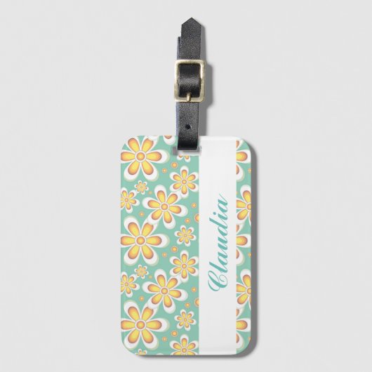 緑色に可愛いオレンジ色の花をモノグラム ラゲッジタグ (正面縦)