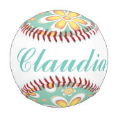 緑色に可愛いオレンジ色の花をモノグラム 野球ボール (正面)