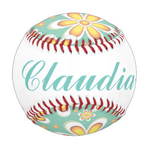 緑色に可愛いオレンジ色の花をモノグラム 野球ボール