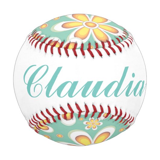 緑色に可愛いオレンジ色の花をモノグラム 野球ボール (正面)