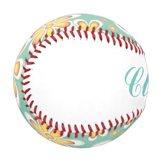 緑色に可愛いオレンジ色の花をモノグラム 野球ボール (正面左)