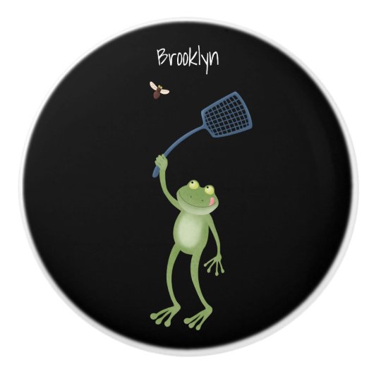 緑色のおもしろいカエルの飛び鳥 セラミックノブ (正面)