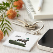 緑色のアクリル製キーチェーンで跳び上がる馬の騎手 キーホルダー (正面右)