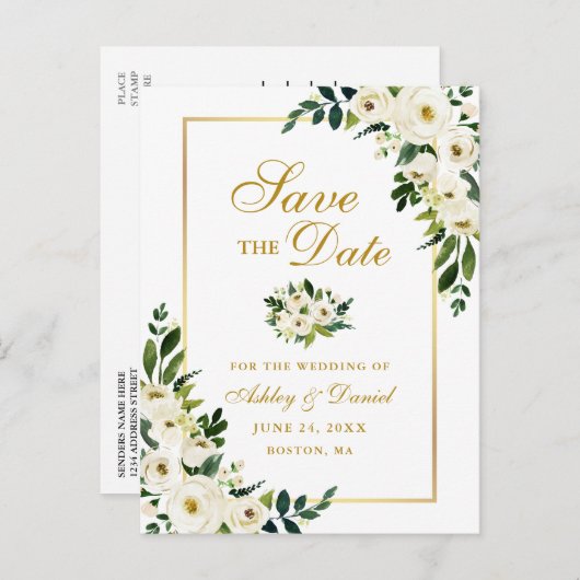 緑色のエレガント白いフローラ金ゴールド保存日付 案内ポストカード (正面/裏面)