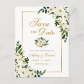 緑色のエレガント白いフローラ金ゴールド保存日付 案内ポストカード (正面)