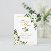 緑色のエレガント白いフローラ金ゴールド保存日付 案内ポストカード (スタンド正面)