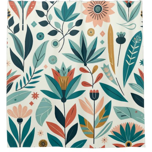 緑色のオレンジはっきりした色のモダンフローラプリントパターン シャワーカーテン (正面)