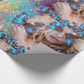 緑色のキラキラを有する青色金ゴールド ラッピングペーパー (角)