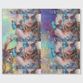 緑色のキラキラを有する青色金ゴールド ラッピングペーパー (フラット)