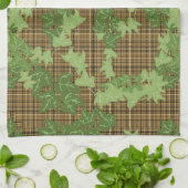 緑色のツタを金ゴールドの黒い茶色の格子縞 キッチンタオル (折り畳み)