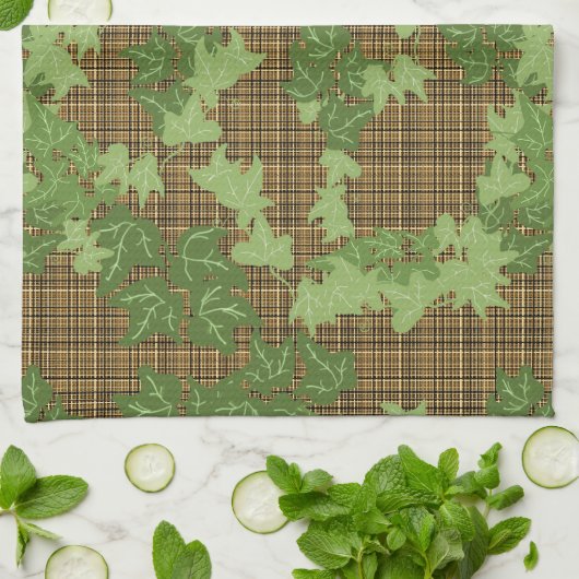 緑色のツタを金ゴールドの黒い茶色の格子縞 キッチンタオル (折り畳み)