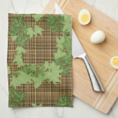 緑色のツタを金ゴールドの黒い茶色の格子縞 キッチンタオル (四つ折り)