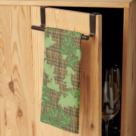 緑色のツタを金ゴールドの黒い茶色の格子縞 キッチンタオル