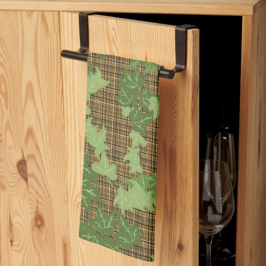 緑色のツタを金ゴールドの黒い茶色の格子縞 キッチンタオル (三つ折り)