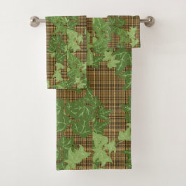 緑色のツタを金ゴールドの黒い茶色の格子縞 バスタオルセット