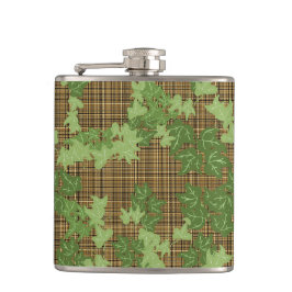 緑色のツタを金ゴールドの黒い茶色の格子縞 フラスク