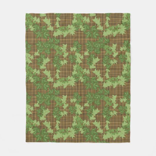 緑色のツタを金ゴールドの黒い茶色の格子縞 フリースブランケット (正面)