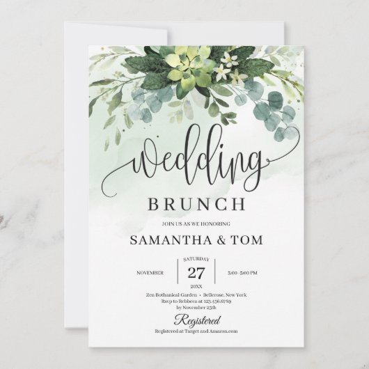 緑色のパステル水色の多肉質結婚のブランチ 招待状 (正面)