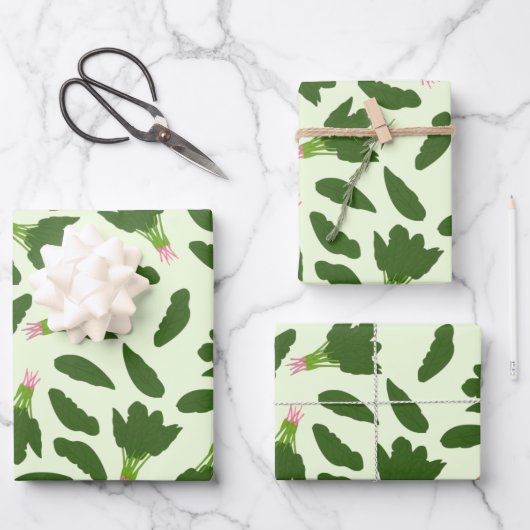 緑色のホウレンソウ葉のパターン ラッピングペーパーシート (正面)
