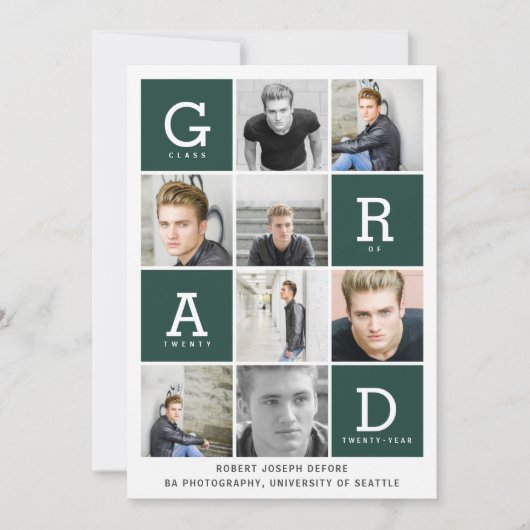 緑色のモダングラフィック写真コラージュの卒業 案内状 (正面)