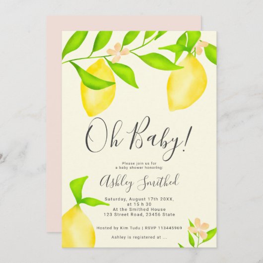 緑色のレモダンモン水色ベビーシャワー2 招待状 (正面/裏面)