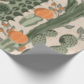 緑色のヴィンテージの多肉果とオレンジ色の花 ラッピングペーパー (角)